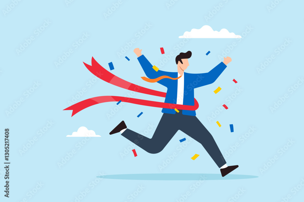 Flat illustration businessman crosses finish line with confetti celebrating victory and business success