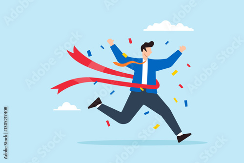 Flat illustration businessman crosses finish line with confetti celebrating victory and business success