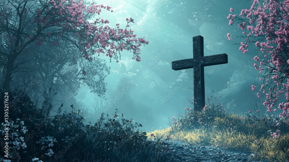 Ancient stone cross under blooming cherry trees Ancient stone cross under blooming cherry trees