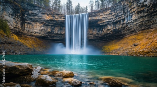 Beautiful Waterfall Cascading Over Rocks in Autumn Foliage Near a Serene Fore...