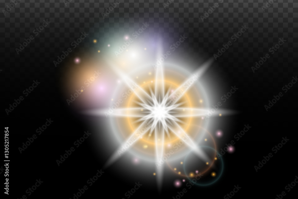 Obraz premium Light flash effect with flares and glow on a transparent background. Magical glow, shining light, star, optical flares for design, photomontage, New Year, and festive projects.