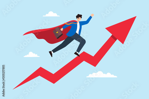 Flat illustration businessman superhero flying upward with rising arrow symbolizing business growth and success