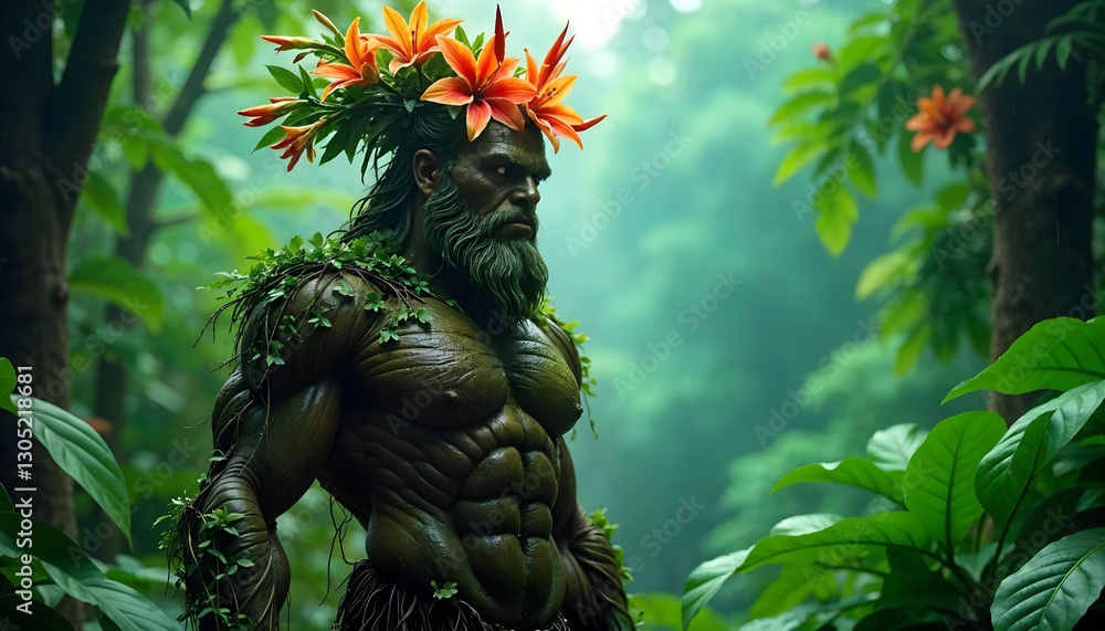 Fototapeta premium Black man with beard wears leaves on muscular body while surrounded by tranquil forest environment.