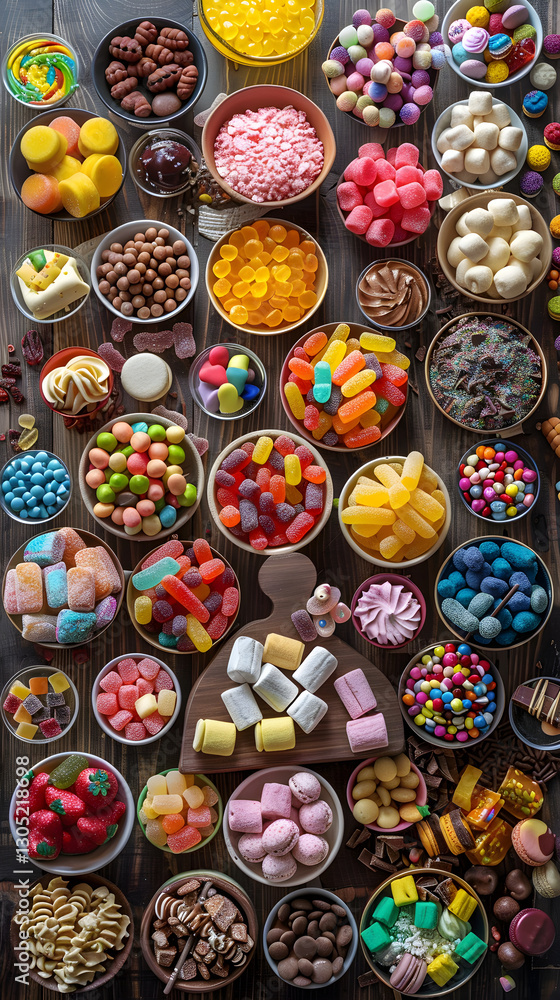 Fototapeta premium Colorful Assortment of Sweets and Candies on Rustic Wooden Table