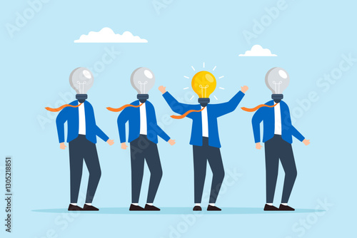 Flat illustration four businessman with lightbulb head one glowing symbolizing uniqueness and leadership