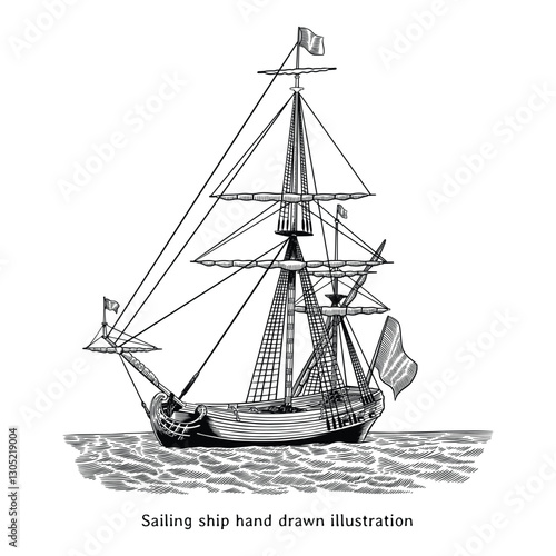 Sailing ship illustration. Vintage sailing ship hand drawn illustration in engraving style. Vintage sailing ship drawing