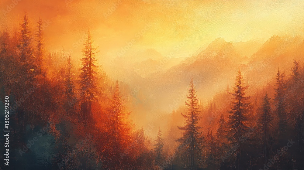Naklejka premium Atmospheric mountain forest background with golden light and misty landscape
