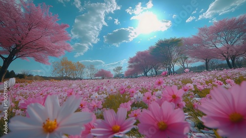 Vibrant Spring Landscape With Blooming Flowers and Blue Sky