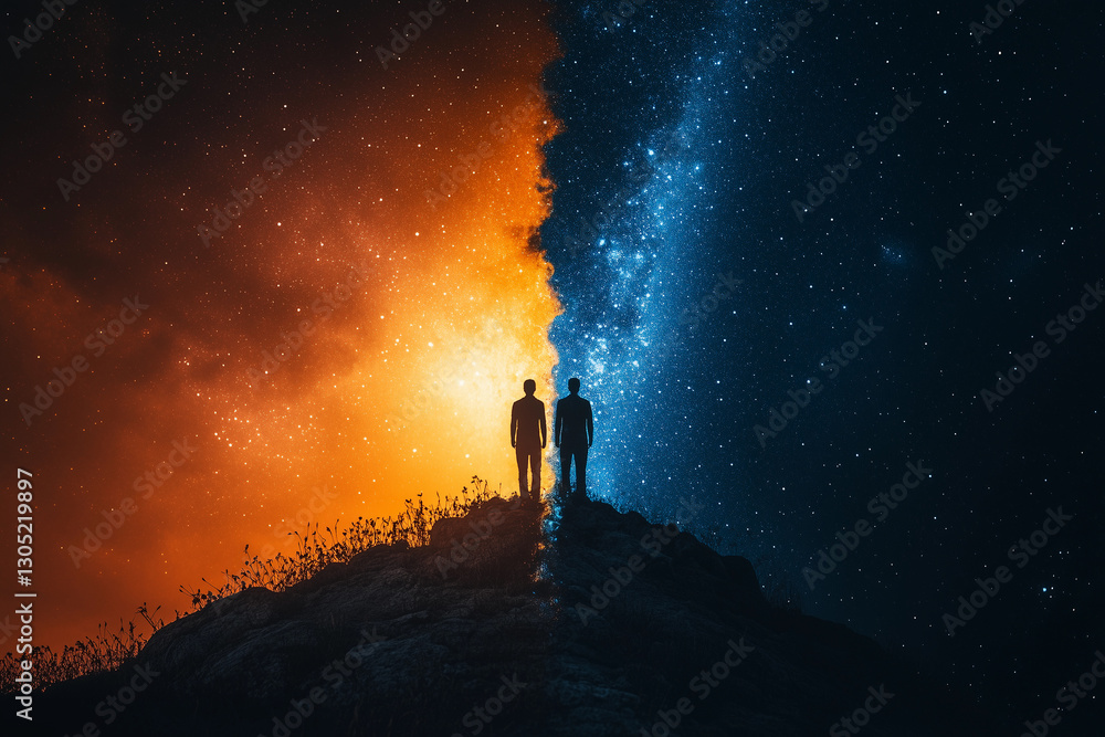 two people standing on a hill looking at the stars in the sky above them, with a bright orange and blue background two people standing on a hill looking at the stars in the sky above them, with a bright orange and blue background