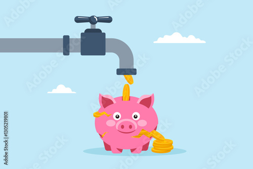 Flat illustration faucet leak money into broken piggy bank symbolizing financial loss and overspending