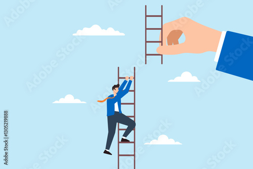 Flat illustration businessman climb broken ladder with giant helping hand connect next part