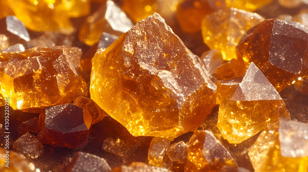 Close-up amber crystals, sunlight, textured surface Close-up amber crystals, sunlight, textured surface