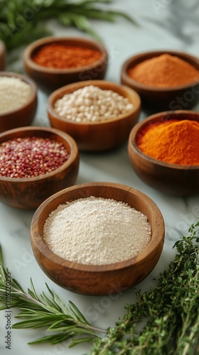 Variety of Colorful Spices and Herbs in Wooden Bowls on a Marble Surface Duri...