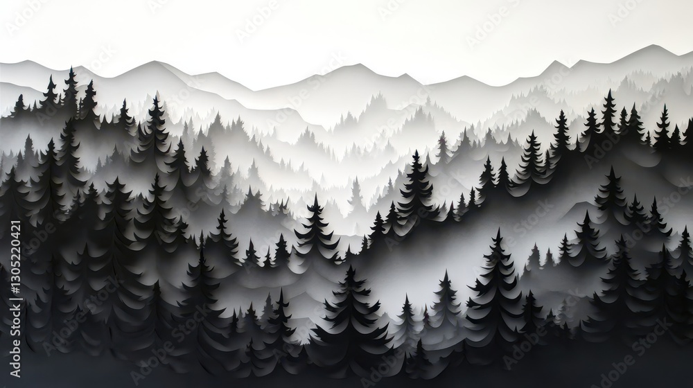 Fototapeta premium Elegant monochrome paper-cut wallpaper with dense forest silhouettes and misty gradient