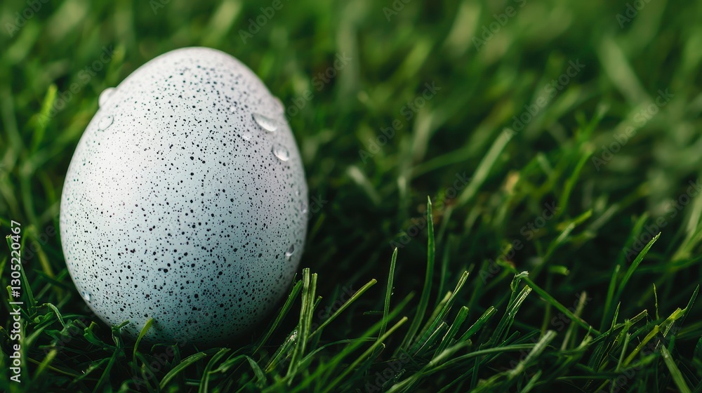 Speckled Easter Egg Surrounded by Fresh Green Grass in Close-Up Speckled Easter Egg Surrounded by Fresh Green Grass in Close-Up