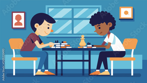 Two students playing a game of chess in the back of the classroom sharpening their critical thinking skills before the official start of the school day.. Vector illustration