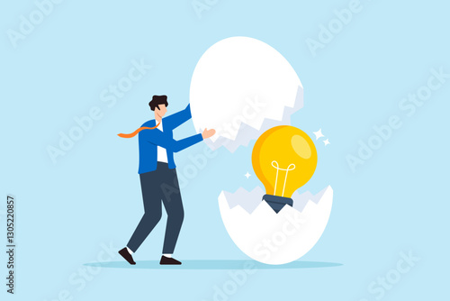 Flat illustration businessman lifting cracked eggshell revealing glowing lightbulb inside symbolizing startup idea