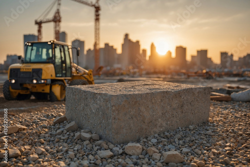 A large foundation stone placed at a construction site, symbolizing strength, stability, and the beginning of a new building project