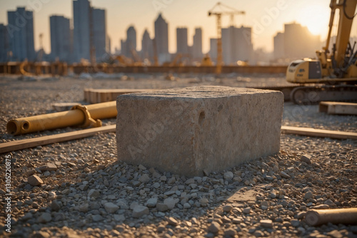A large foundation stone placed at a construction site, symbolizing strength, stability, and the beginning of a new building project