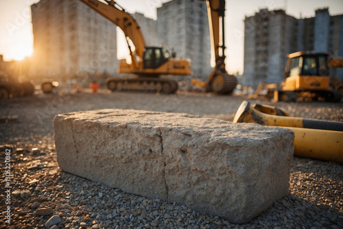 A large foundation stone placed at a construction site, symbolizing strength, stability, and the beginning of a new building project