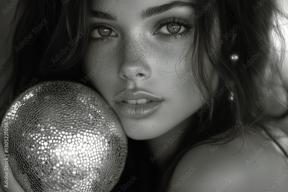 Naklejka premium Elegant Portrait of a Model With Curly Hair Wearing Pearls in a Soft, Warm Setting