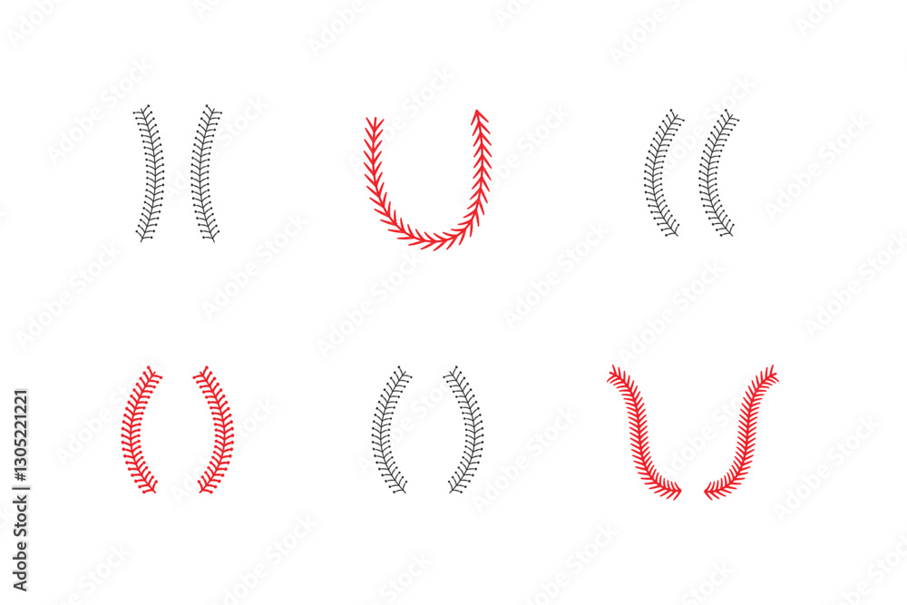 Obraz premium Baseball stitches icons set in black filled and line stroke style on white background
