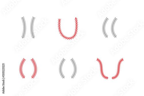 Baseball stitches icons set in black filled and line stroke style on white background