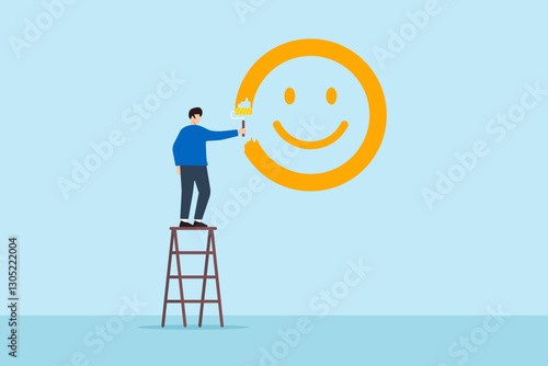 Flat illustration happy man stand on ladder to paint smiley face on wall symbolizing happiness and positive thinking
