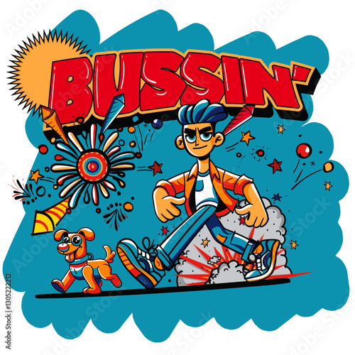 A vibrant cartoon-style illustration of a confident young man and his dog striding forward with fireworks and bold 
