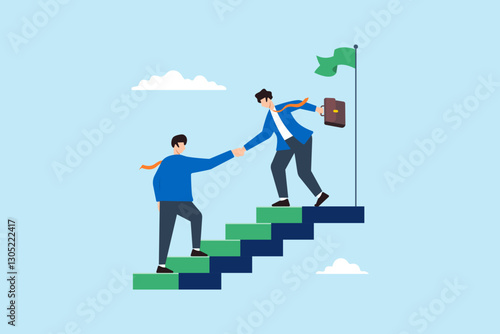 Flat illustration business leader help employee climb top stair with green flag symbolizing  mentoring support achieving success