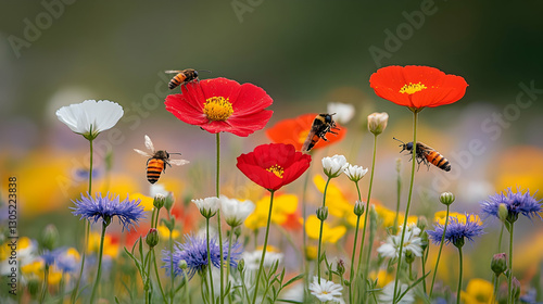 Wallpaper Mural Colorful flowers, bees flying, garden meadow Torontodigital.ca