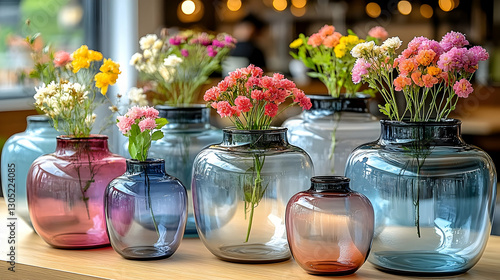 Colorful flowers in various glass vases on a wooden table in a cafe
