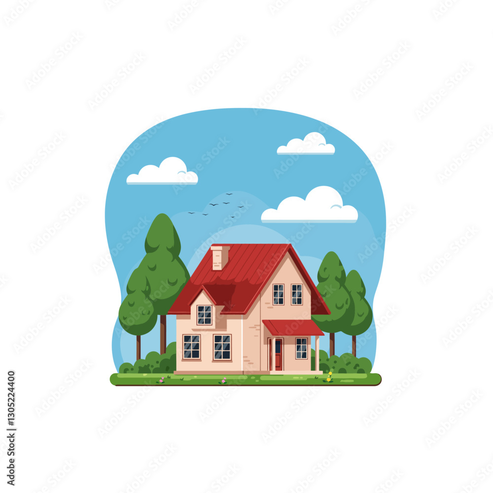 Charming Suburban House with Red Roof and Green Trees Illustration Charming Suburban House with Red Roof and Green Trees Illustration