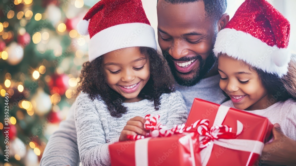 Christmas Joy: A father and his two daughters, adorned in Santa hats, open a festive gift together, captured in a warm and joyful Christmas moment, surrounded by holiday decorations. Christmas Joy: A father and his two daughters, adorned in Santa hats, open a festive gift together, captured in a warm and joyful Christmas moment, surrounded by holiday decorations.