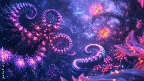 Psychedelic alien garden backdrop with glowing fractal leaves and neon pink vines weaving through a starry sky