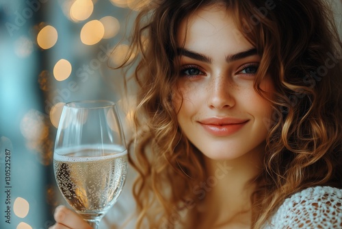 Smiling Woman in Cozy Sweater With Festive Background During Holiday Season