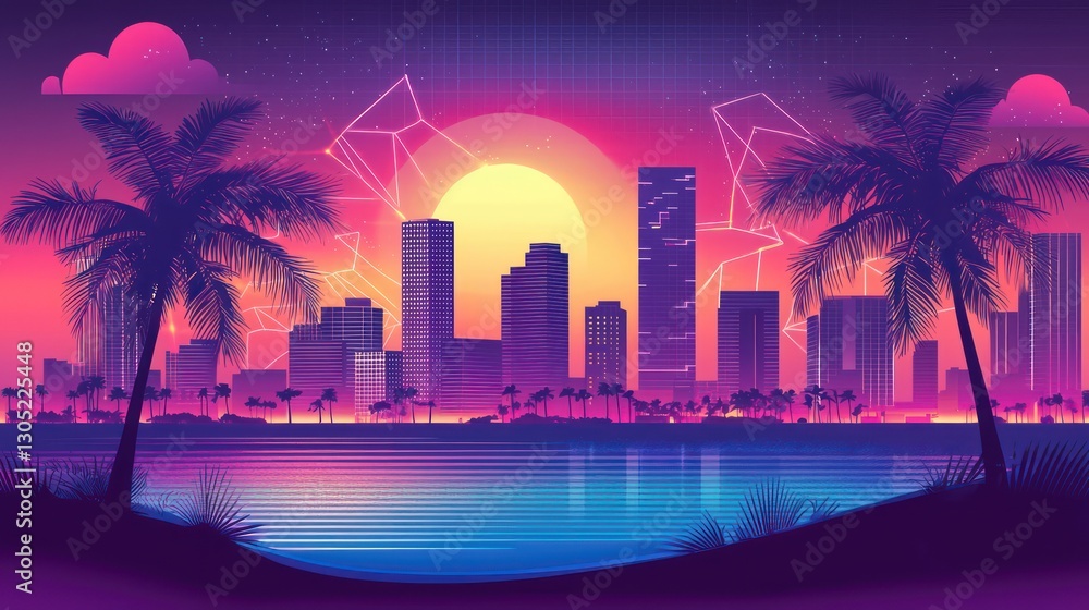 Obraz premium A beautiful retro stylized sunset over a city skyline scene