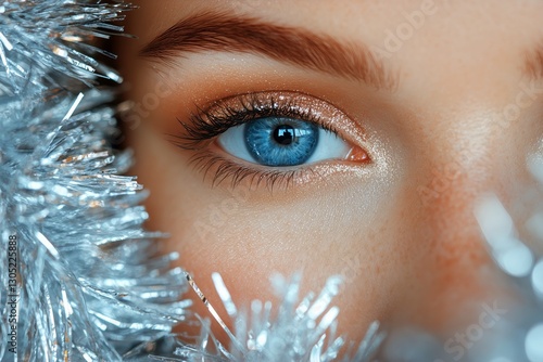 Close-up of a Young Womans Face Framed by Festive Decorations in Soft Winter ...