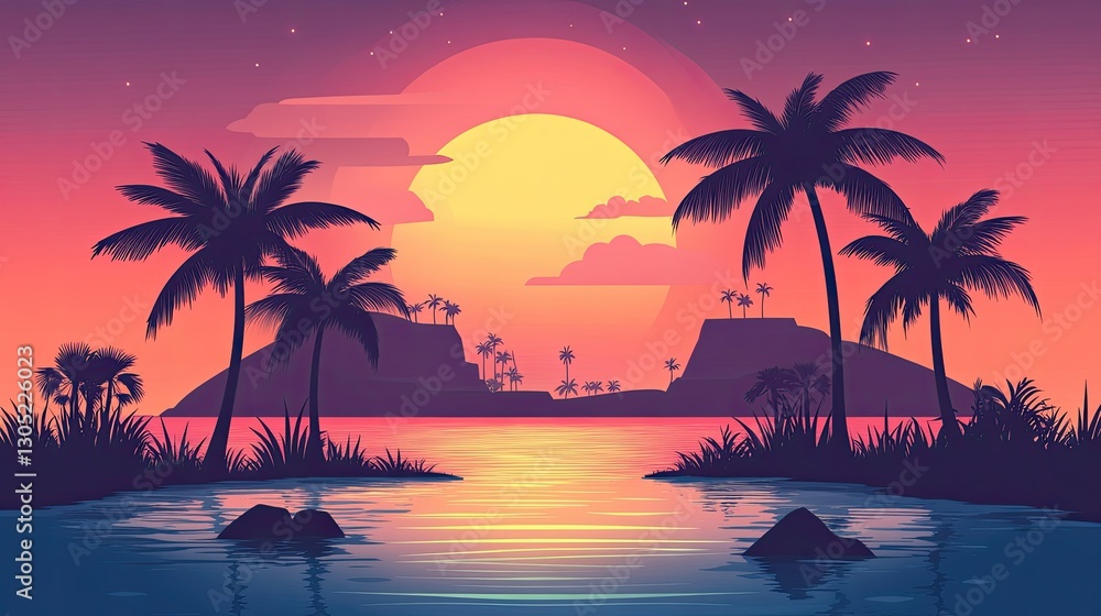 Sunset over a tropical island with palm trees Sunset over a tropical island with palm trees