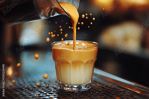Creamy Coffee Being Poured Into a Glass With Droplets Splashing in a Coffee S...