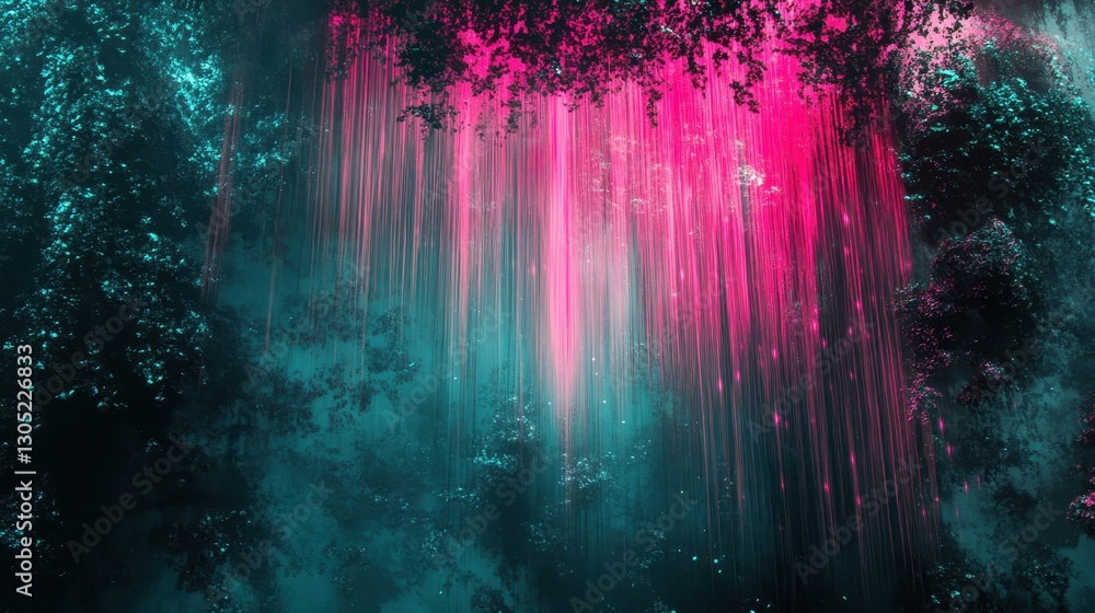 Obraz premium Cyber nature wallpaper with glitchy tree silhouettes and neon pink and teal streaks flowing through bark