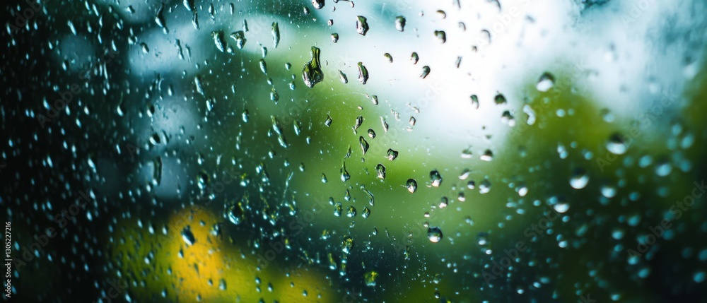 Rain droplets scatter on a window pane, blurring the vibrant greens and yellows of a lush summer garden beyond. Rain droplets scatter on a window pane, blurring the vibrant greens and yellows of a lush summer garden beyond.
