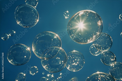 Delicate Bubbles Reflect Sunlight in a Clear Blue Sky, Creating a Magical Atm...