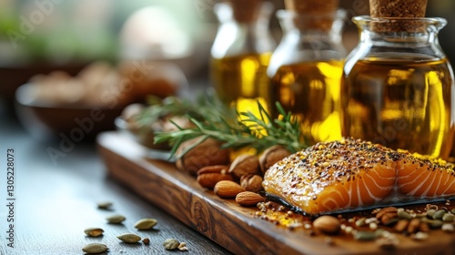 Healthy Salmon with Oils & Nuts on Wooden Board photo