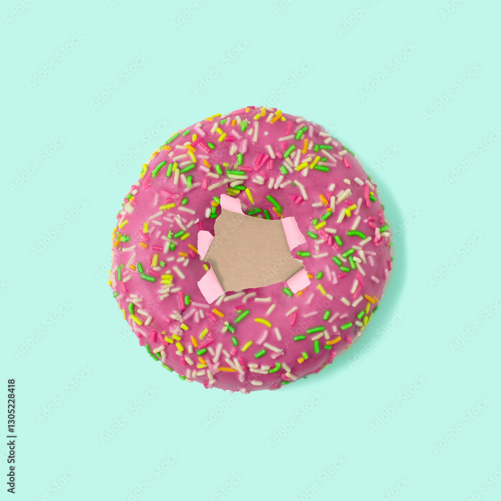 Delicious sweet donut with mini torn paper on blue background. Concept art. Minimalism Delicious sweet donut with mini torn paper on blue background. Concept art. Minimalism