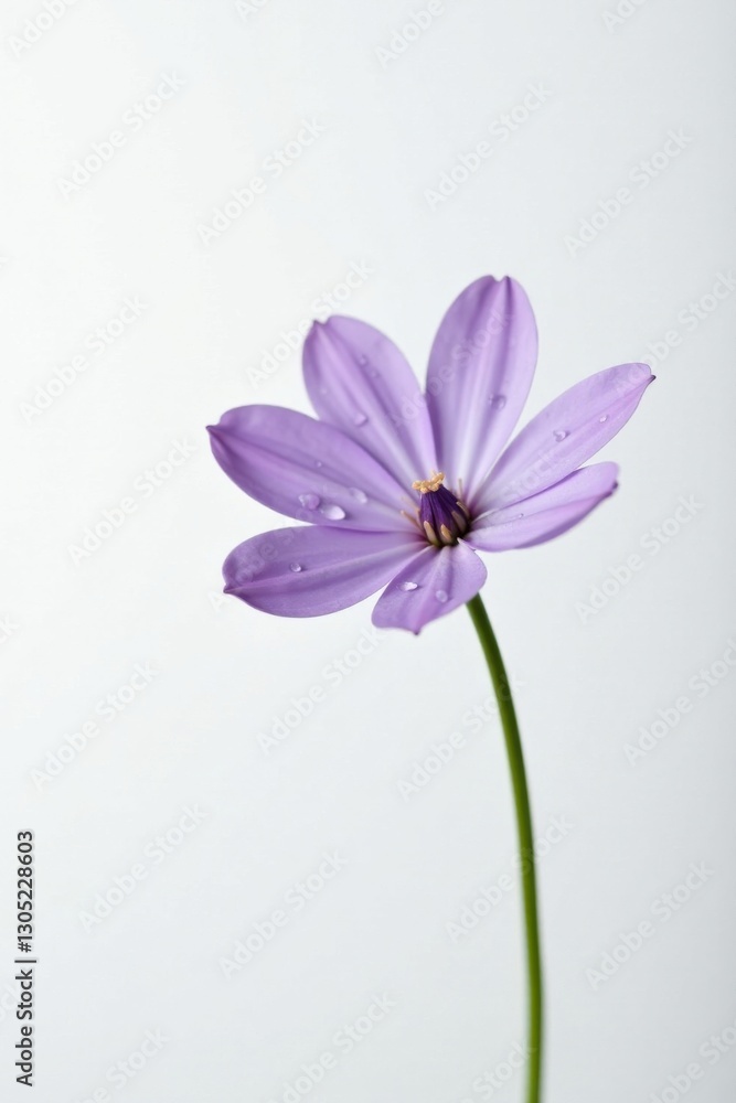 A Single Delicate Lavender Blossom with Dewdrops on Petals Against a White Background A Single Delicate Lavender Blossom with Dewdrops on Petals Against a White Background