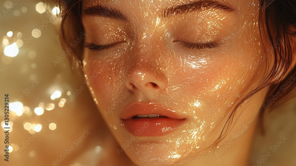 The model with her eyes closed and transparent golden liquid covering her entire face.6 The model with her eyes closed and transparent golden liquid covering her entire face.6