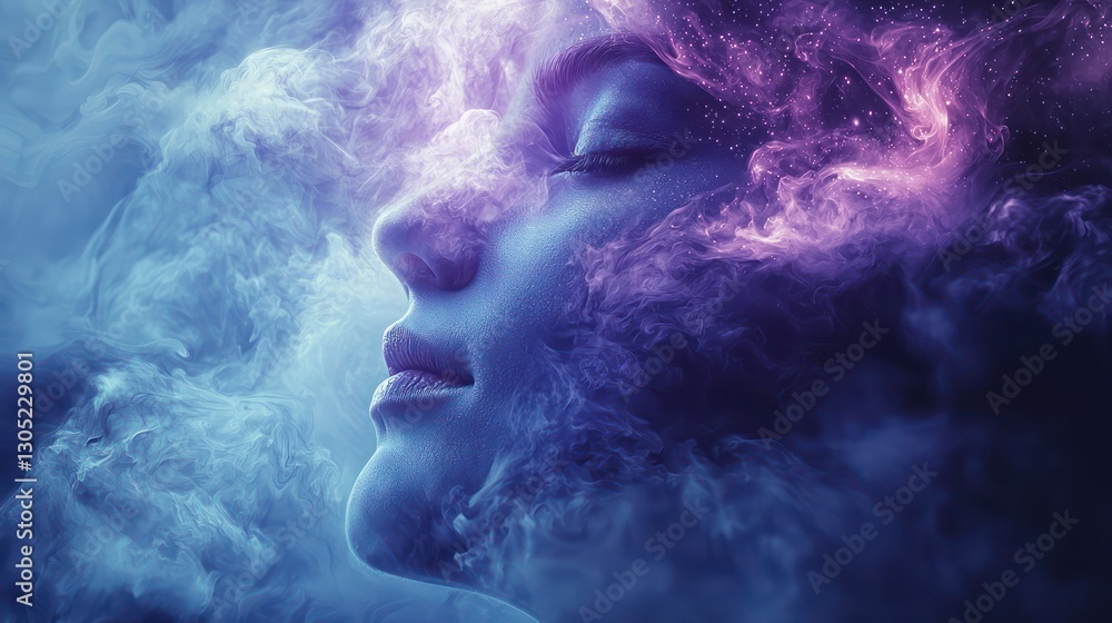A woman is shown merged with a nebula of blue and purple hues A woman is shown merged with a nebula of blue and purple hues