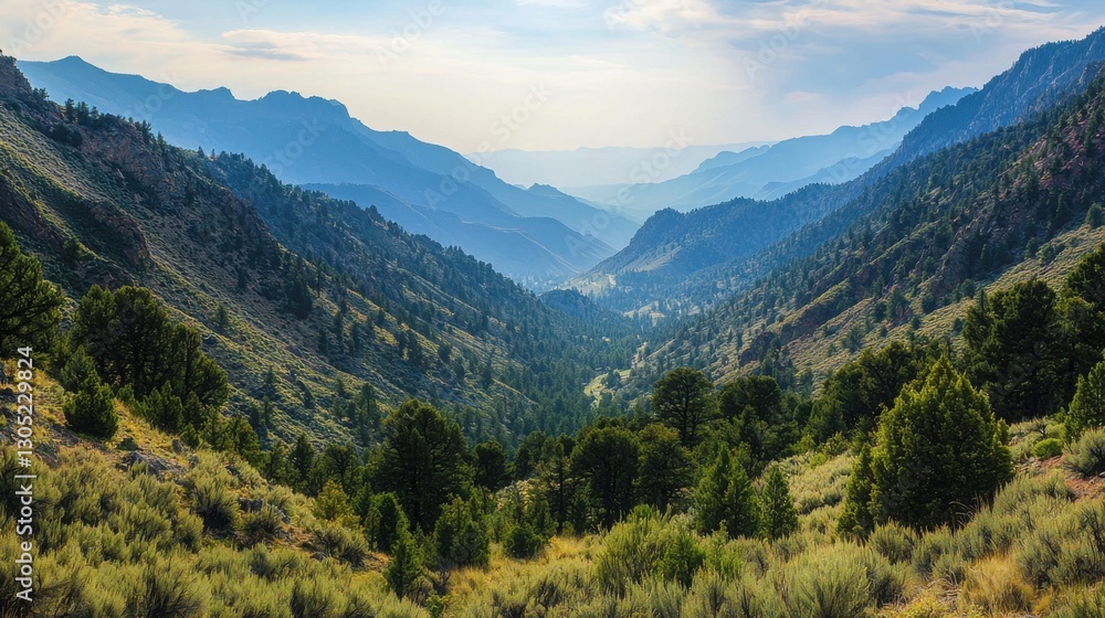 Serene mountain valley landscape, showcasing a breathtaking vista of rolling hills and lush greenery under a partly cloudy sky. Serene mountain valley landscape, showcasing a breathtaking vista of rolling hills and lush greenery under a partly cloudy sky.