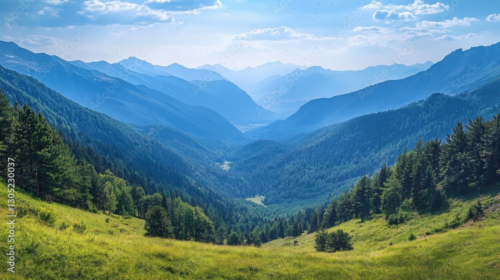 Serene mountain vista on a sunny day. Lush green meadows contrast with the deep blue of the distant mountain ranges under a bright sky. Serene mountain vista on a sunny day. Lush green meadows contrast with the deep blue of the distant mountain ranges under a bright sky.